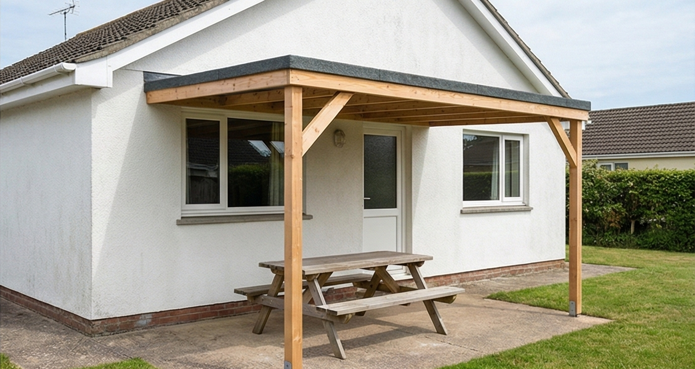 Douglas veranda met polycarbonaat dak bij bungalow